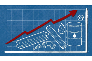 Graphic of graph going up with construction material items beneath