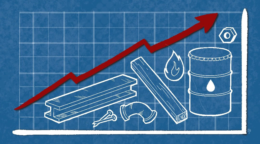 Graphic of graph going up with construction material items beneath