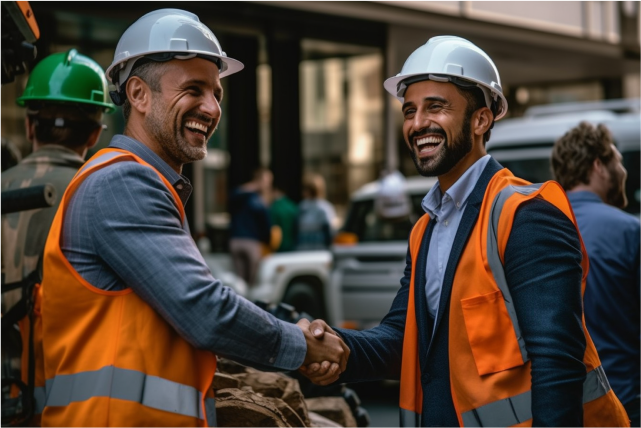 AI Generated image, a man handing over money in exchange for an excavator and being very excited about it 