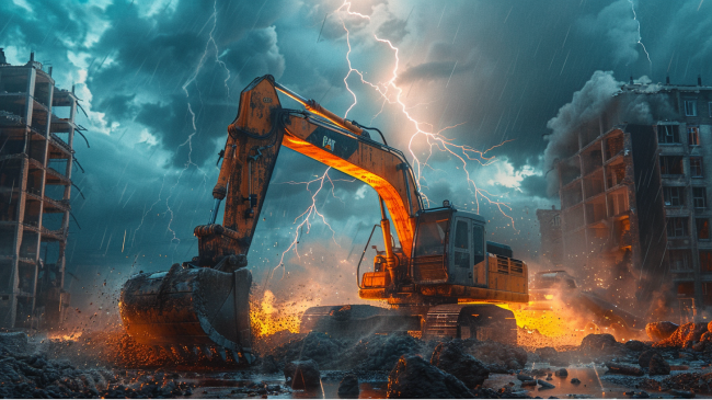 An excavator getting shocked by lightning! 