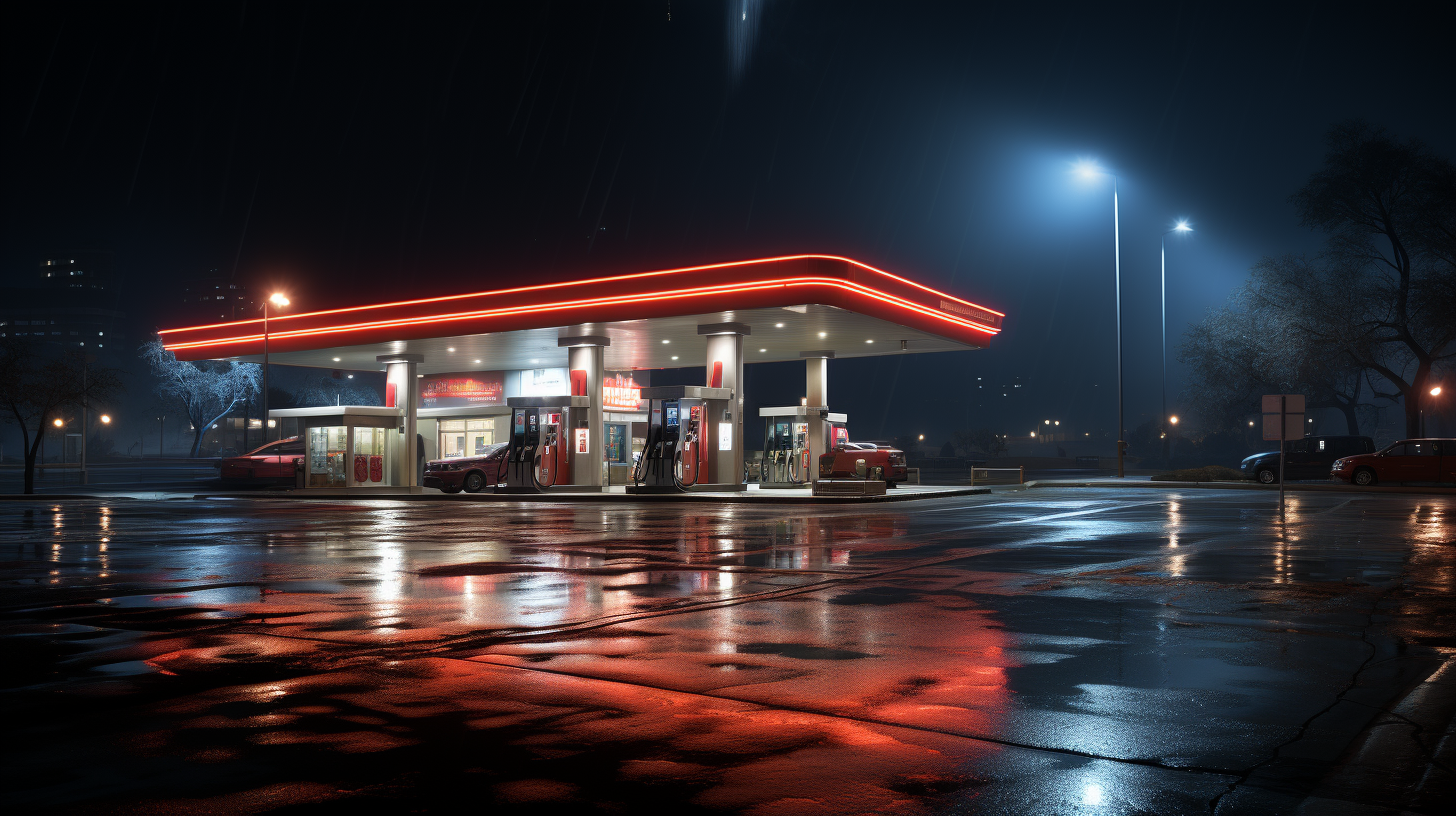 A gas station at night