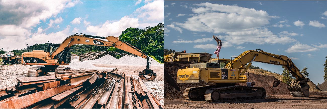 A Komatsu and CAT excavator side by side.