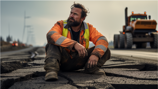 A construction worker sitting on ruined asphalt, AI generated 