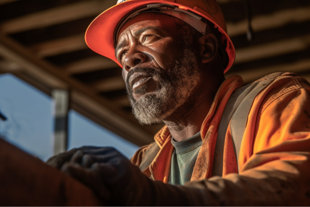 A stressed out construction worker on a jobsite, AI generated image