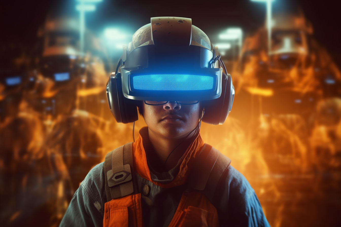 A young adult wearing a Virtual Reality Helmet, AI Generated Image
